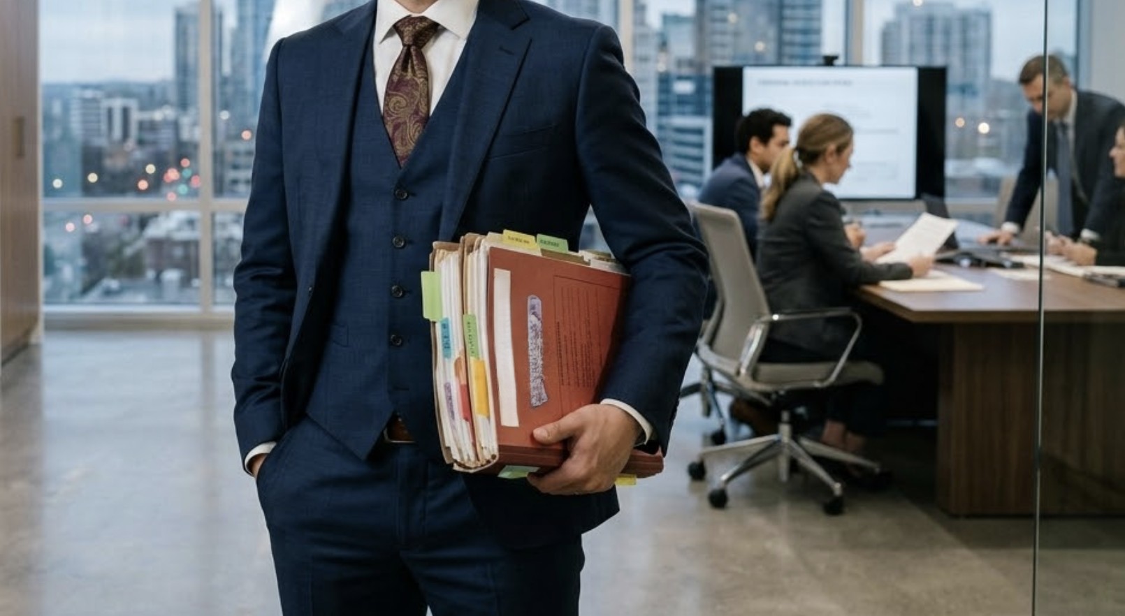 A confident lawyer in a tailored suit holding a thick case file under his arm, standing in a modern law office
