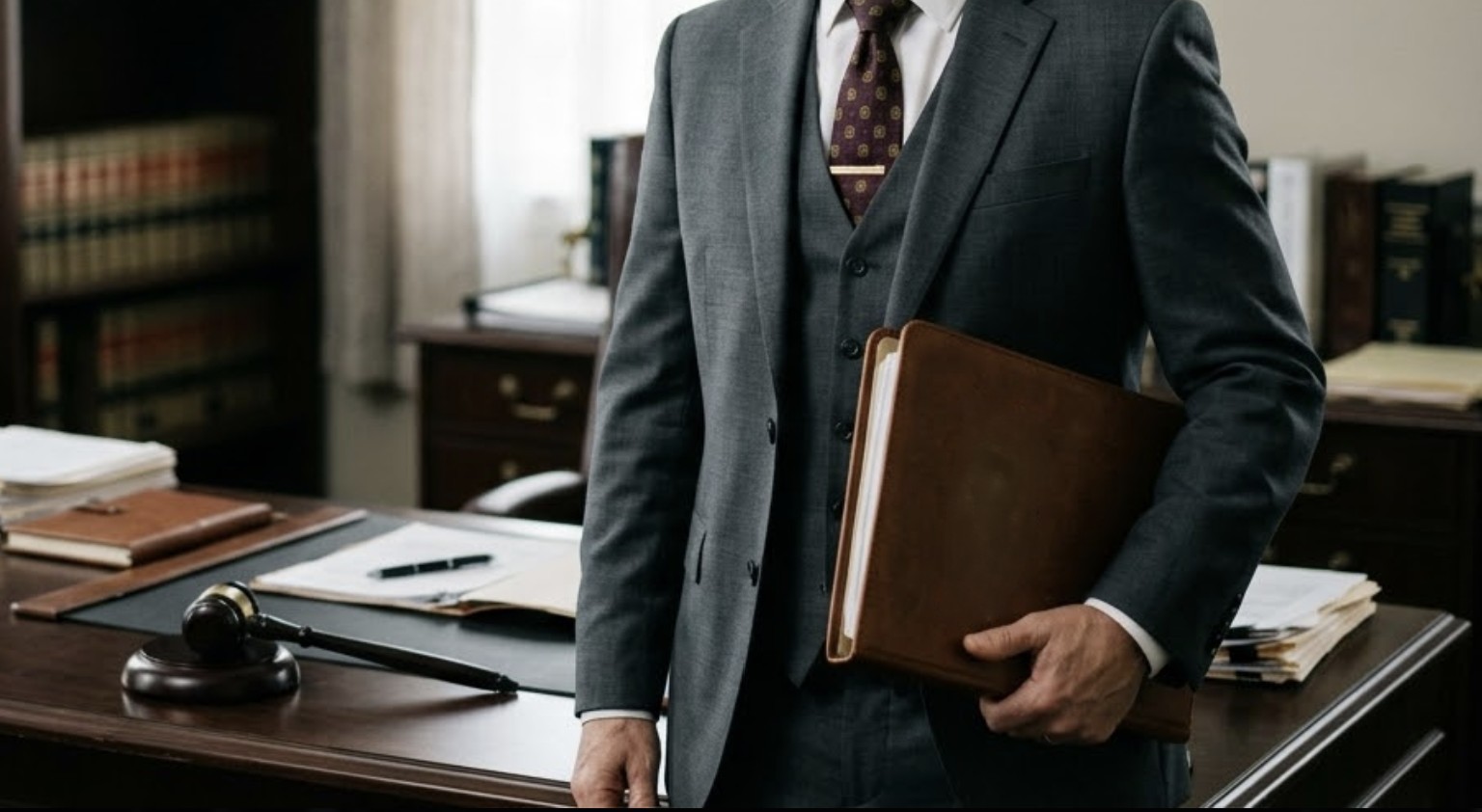 A confident personal injury lawyer holding a case file in his arm while standing near a desk with legal documents and a gavel