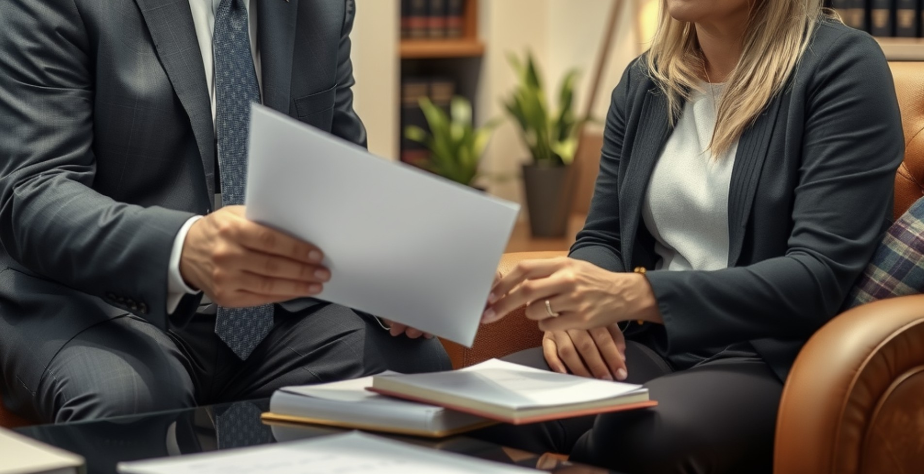 The lawyer is reviewing legal documents with the client, who has visible signs of concern