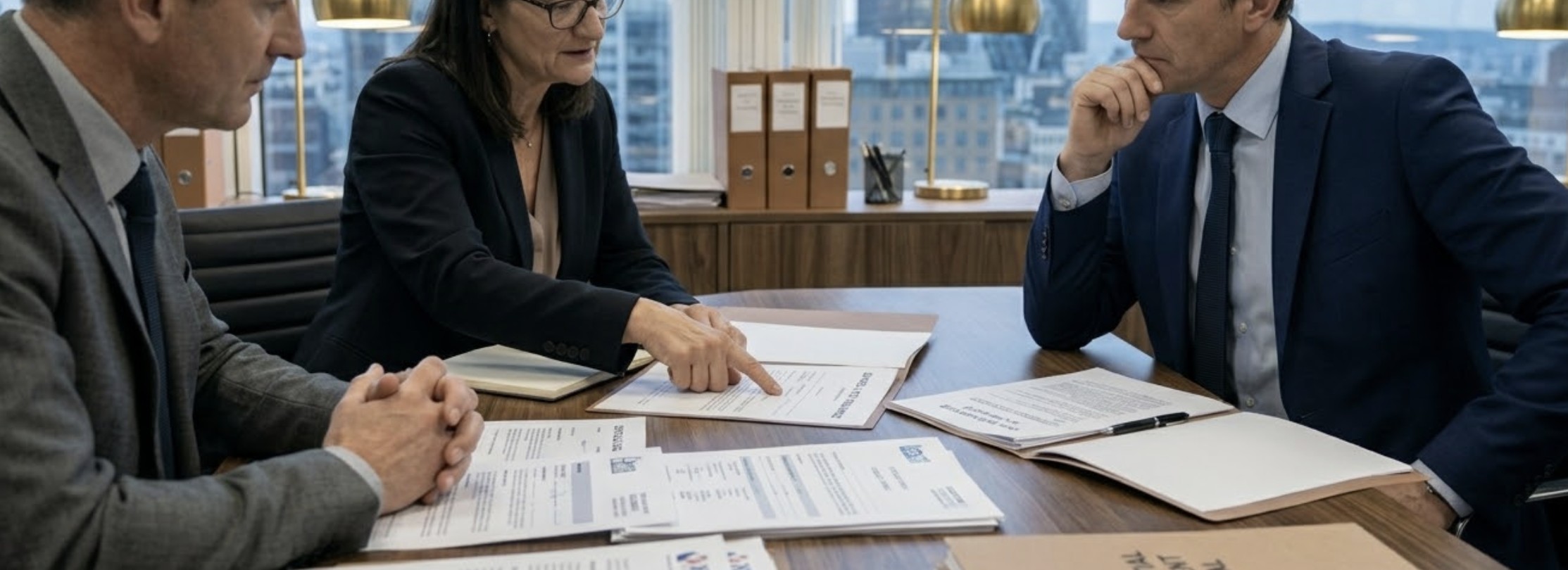 A lawyer negotiating with an insurance adjuster across a table, documents visible