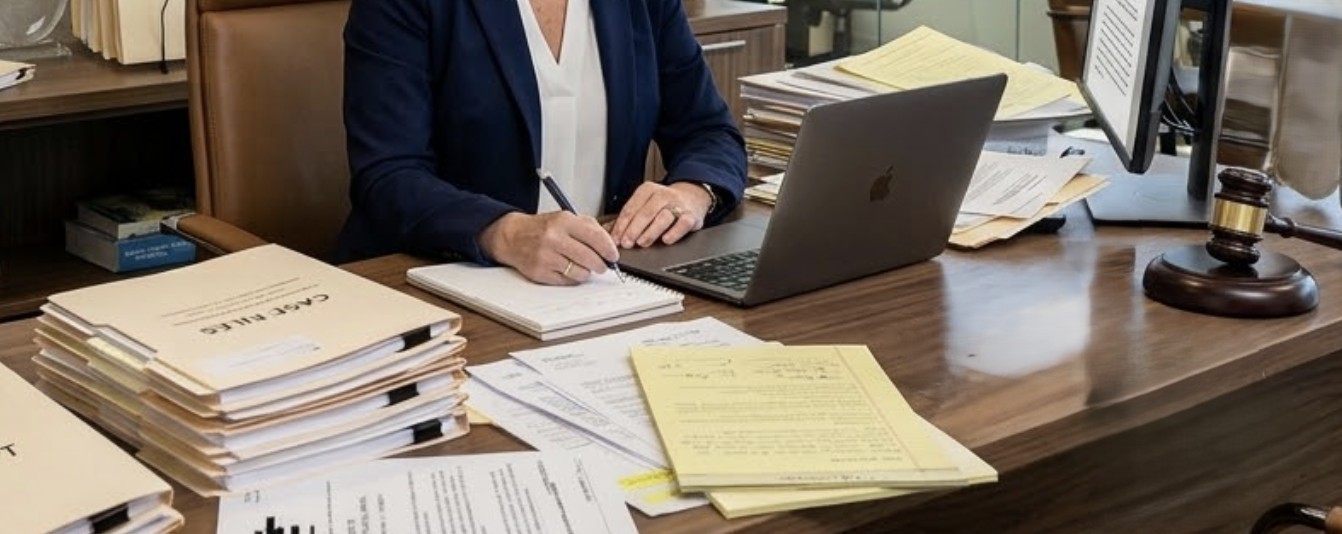 A wooden desk full of personal injury case files, and legal documents