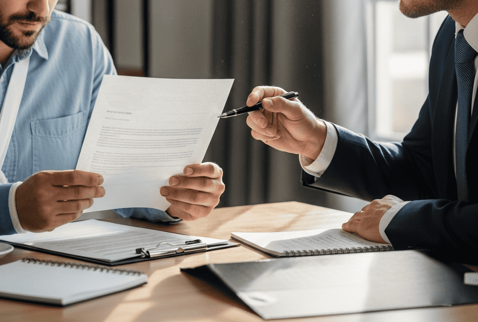 accident victim sitting at a desk reviewing an insurance denial letter with a lawyer pointing out key details