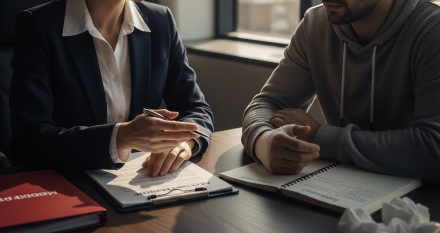 A consultation scene with a attorney speaking to a distressed client after an event injury