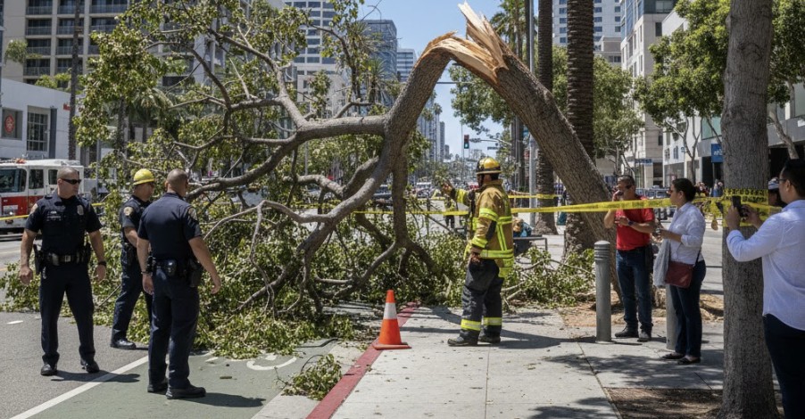 A large tree branch fallen on a sidewalk in San Diego