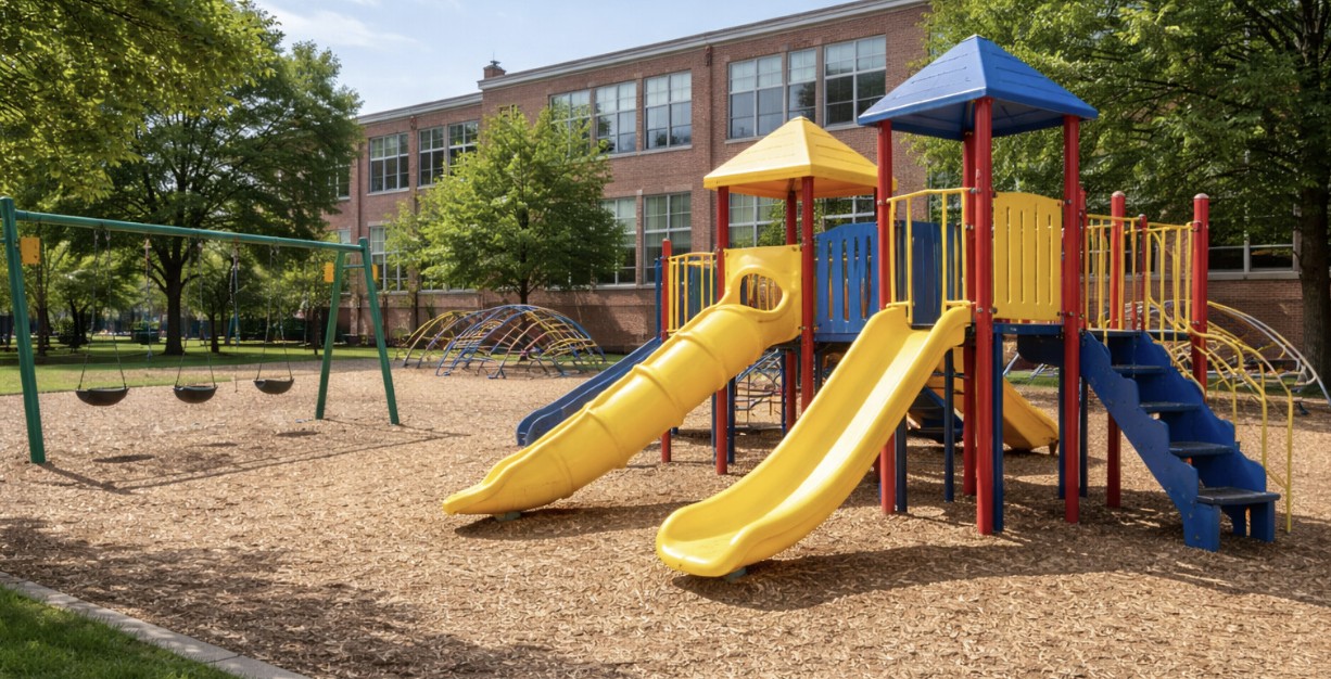 olorful playground with slides, climbing structures, and swings in front of a brick school building