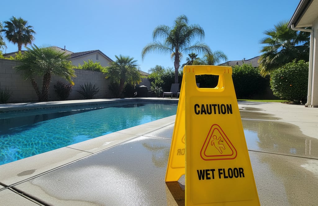 A sunny California backyard pool with a wet, slippery surface and a ‘Caution Wet Floor’ sign nearby.
