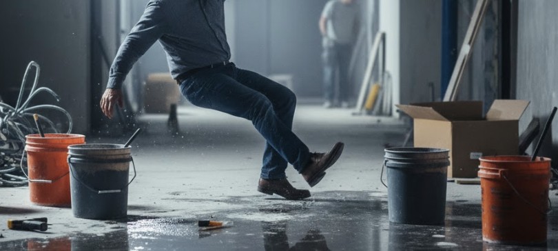 Person losing balance after stepping in a puddle inside a building under renovation