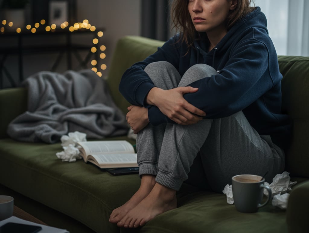 Person sitting on a couch looking anxious