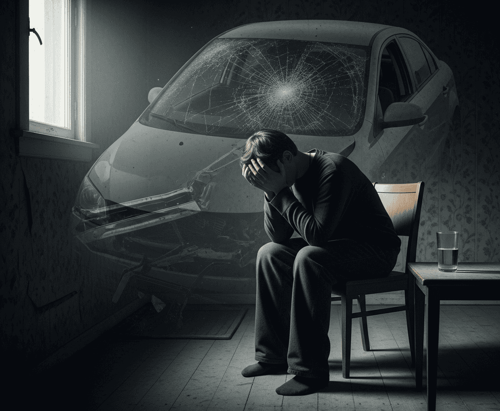 A person sitting alone in a dimly lit room, holding their head in distress, with a faint overlay of car crash imagery behind them, symbolizing emotional trauma after an accident