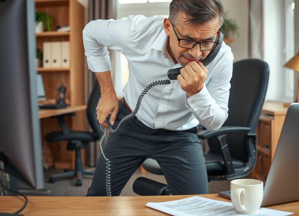 Home office scene with an adult injured while working, tripping over a computer cord while reaching for a phone.