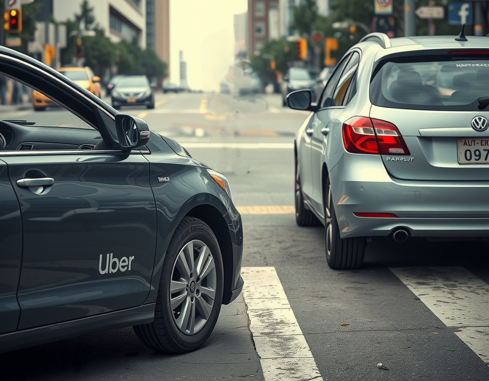 A city intersection scene showing two cars involved in a collision, one displaying an Uber decal.