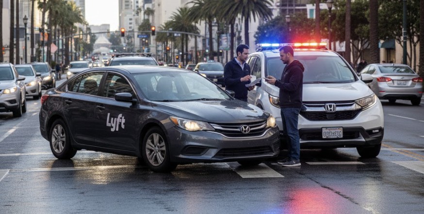 A San Diego city street scene showing a Lyft vehicle involved in a minor collision
