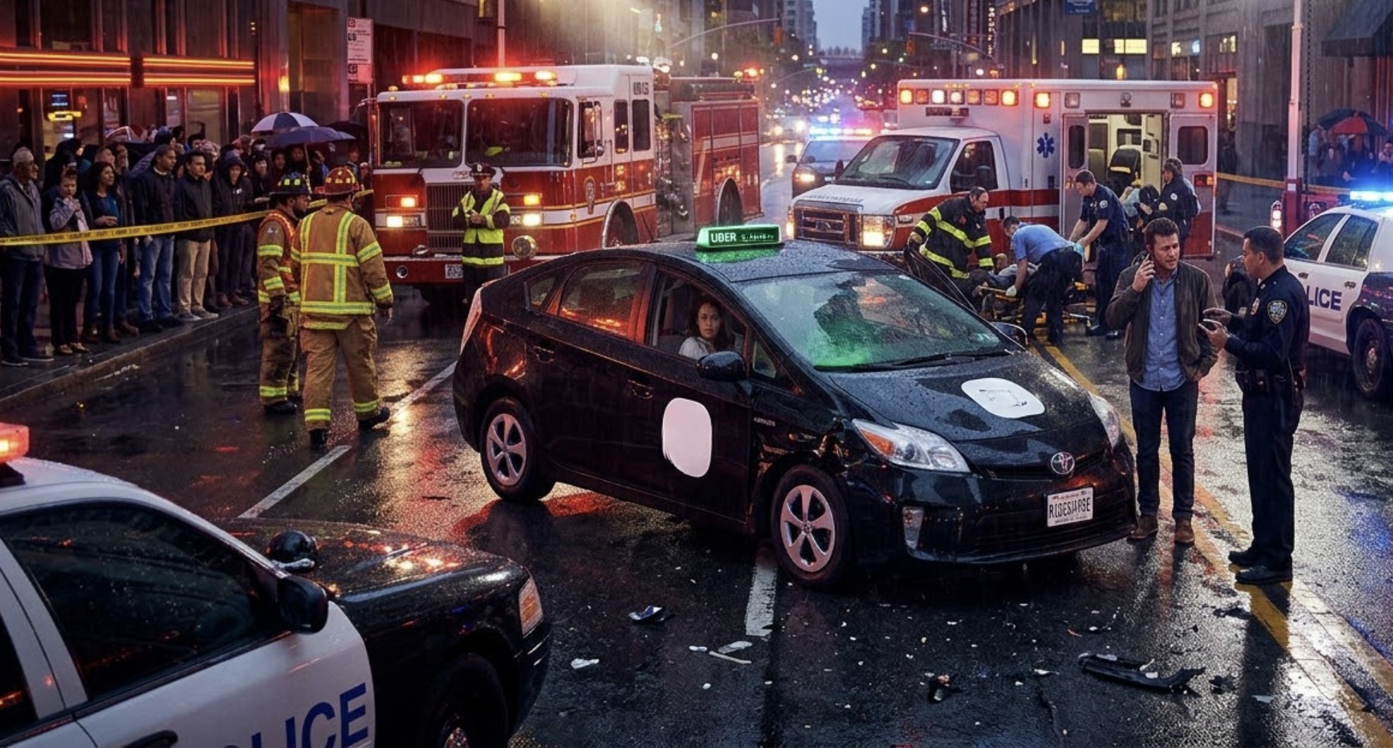 serious car accident involving a rideshare vehicle at night.