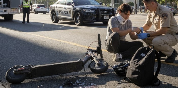 an electric scooter accident in San Diego, showing a damaged scooter, city street, and emergency responders