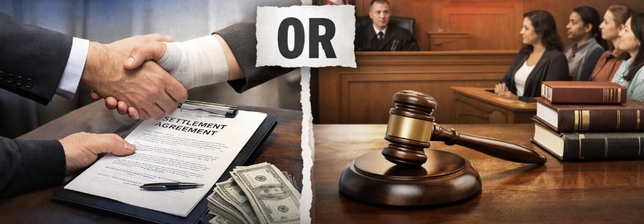 Split image comparing a personal injury settlement and a courtroom trial, with a handshake over a settlement agreement on one side and a judge’s gavel in court on the other.