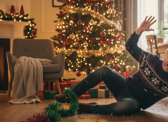A person slipping on tinsel near a decorated Christmas tree with soft lighting and festive background.