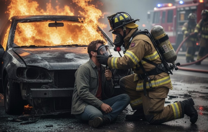 Firefighter assisting an injured man at the scene of a car fire, with flames engulfing the vehicle in the background.