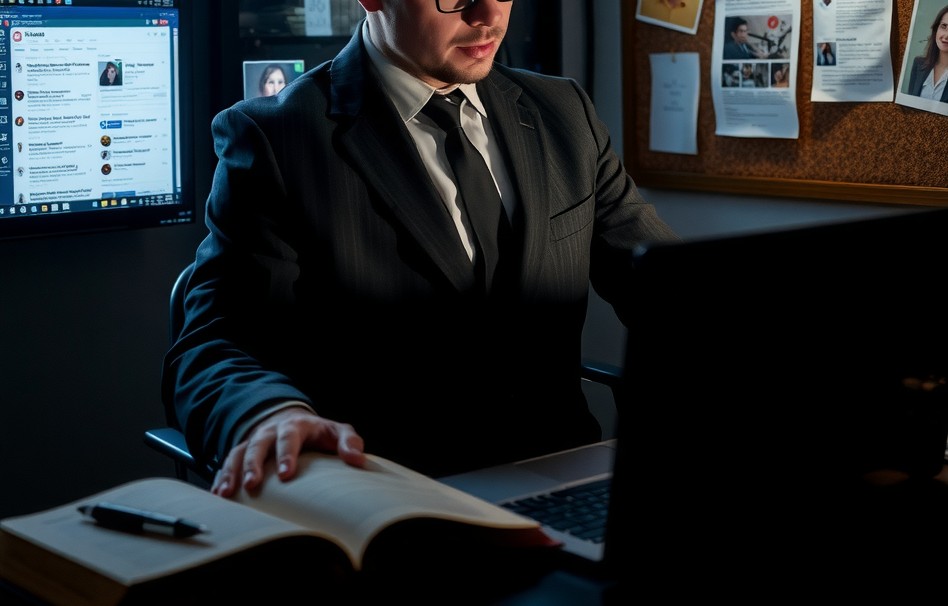 An investigator in a dimly lit room, analyzing social media posts on multiple screens and evidence pinned on a corkboard