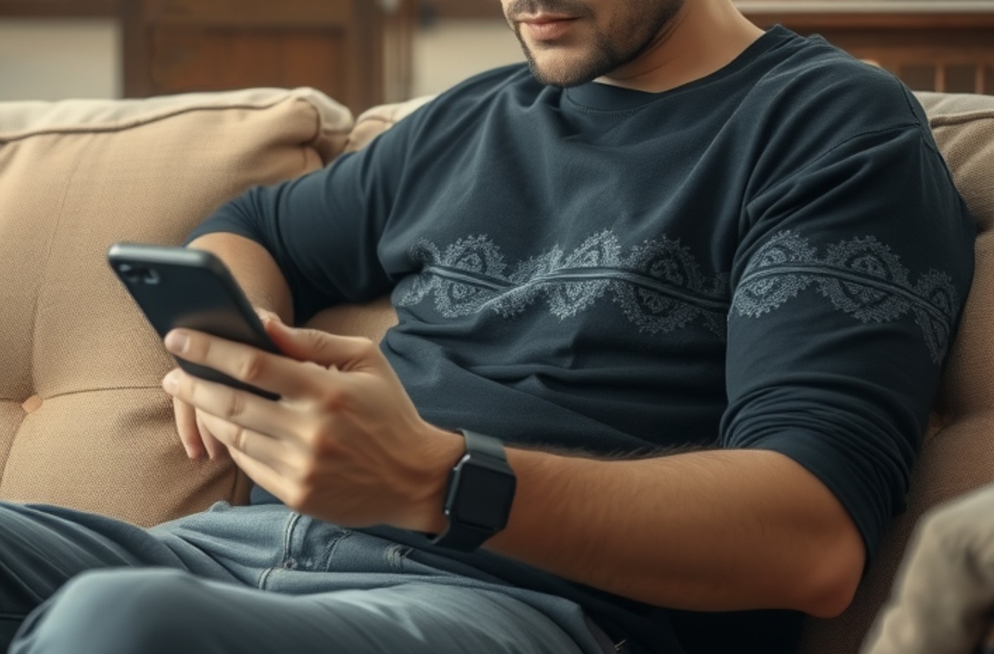 A concerned individual sitting alone on a couch, looking at a smartphone