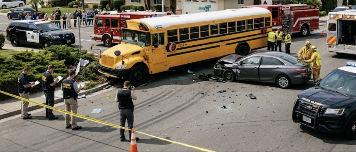 A school district bus accident scene with emergency vehicles and investigators present
