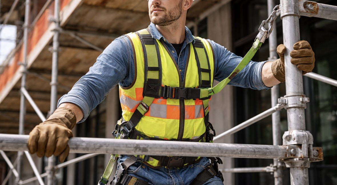Construction worker wearing a safety harness and reflective vest while standing on scaffolding at a job site.